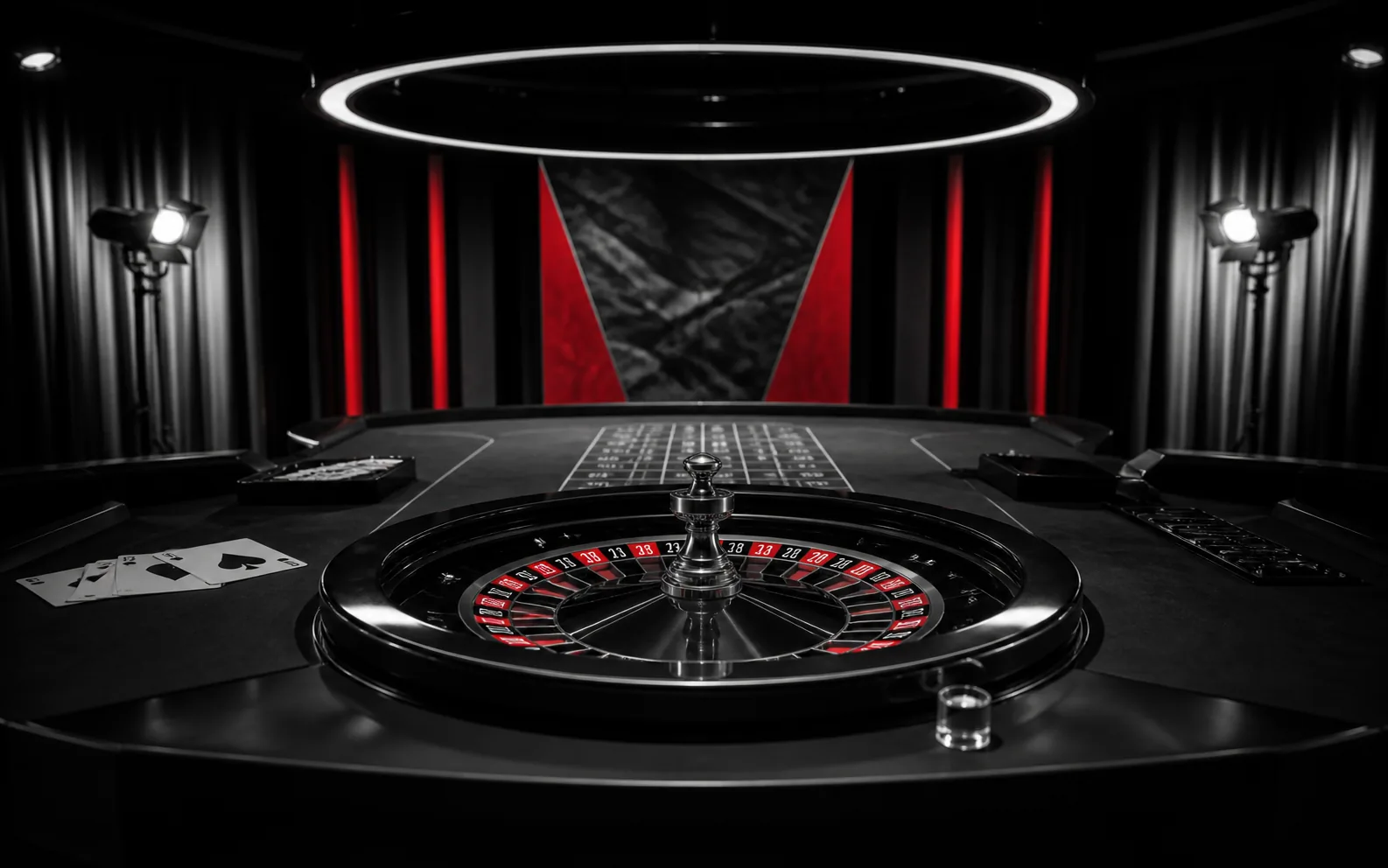 Ambiente editorial de cassino digital com roleta e jogos em preto e vermelho