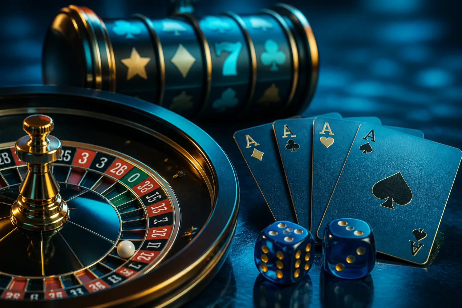 Roleta, cartas e rolos de slot em composição editorial de cassino