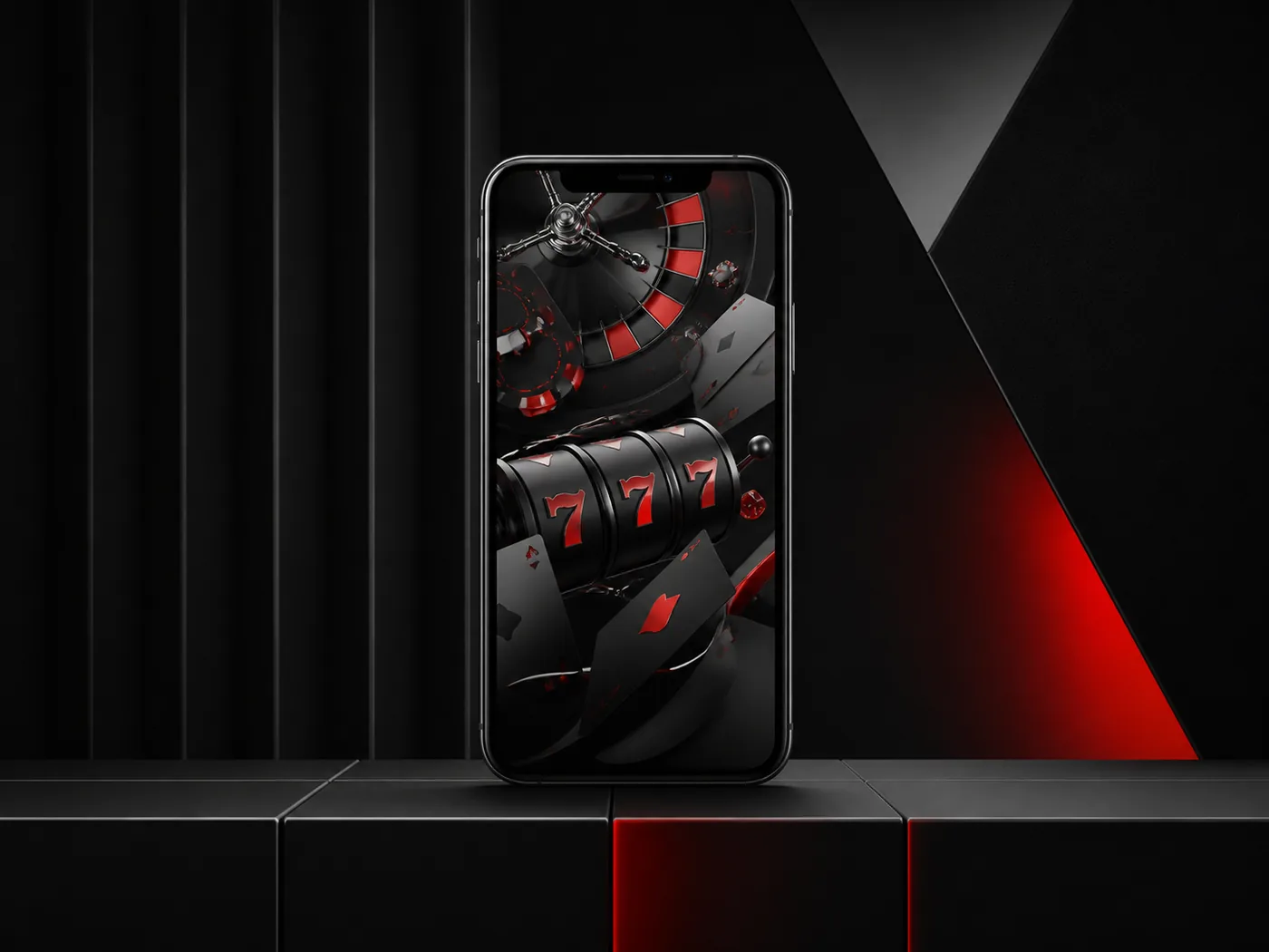 Smartphone com composição genérica de roleta, slots e cartas
